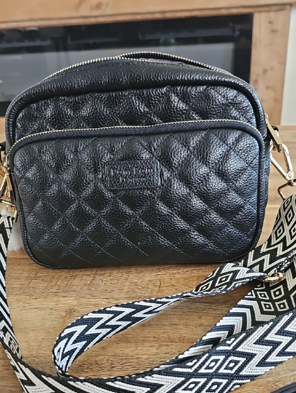 Black Quilted Crossbody Bag with Patterned Strap - Picture 2 of 5